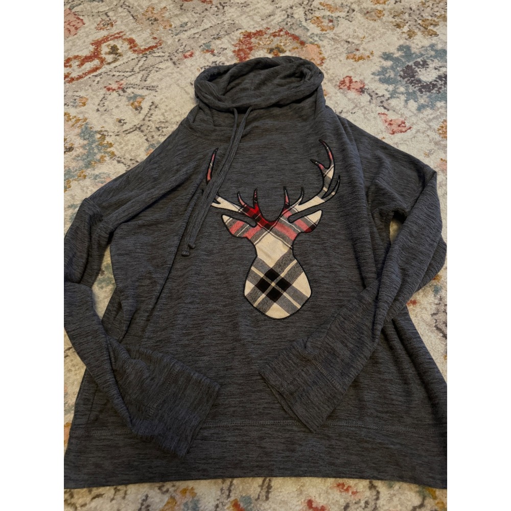 Maurices Womens Medium Charcoal Gray Plaid Deer Cowl Neck Pullover Top